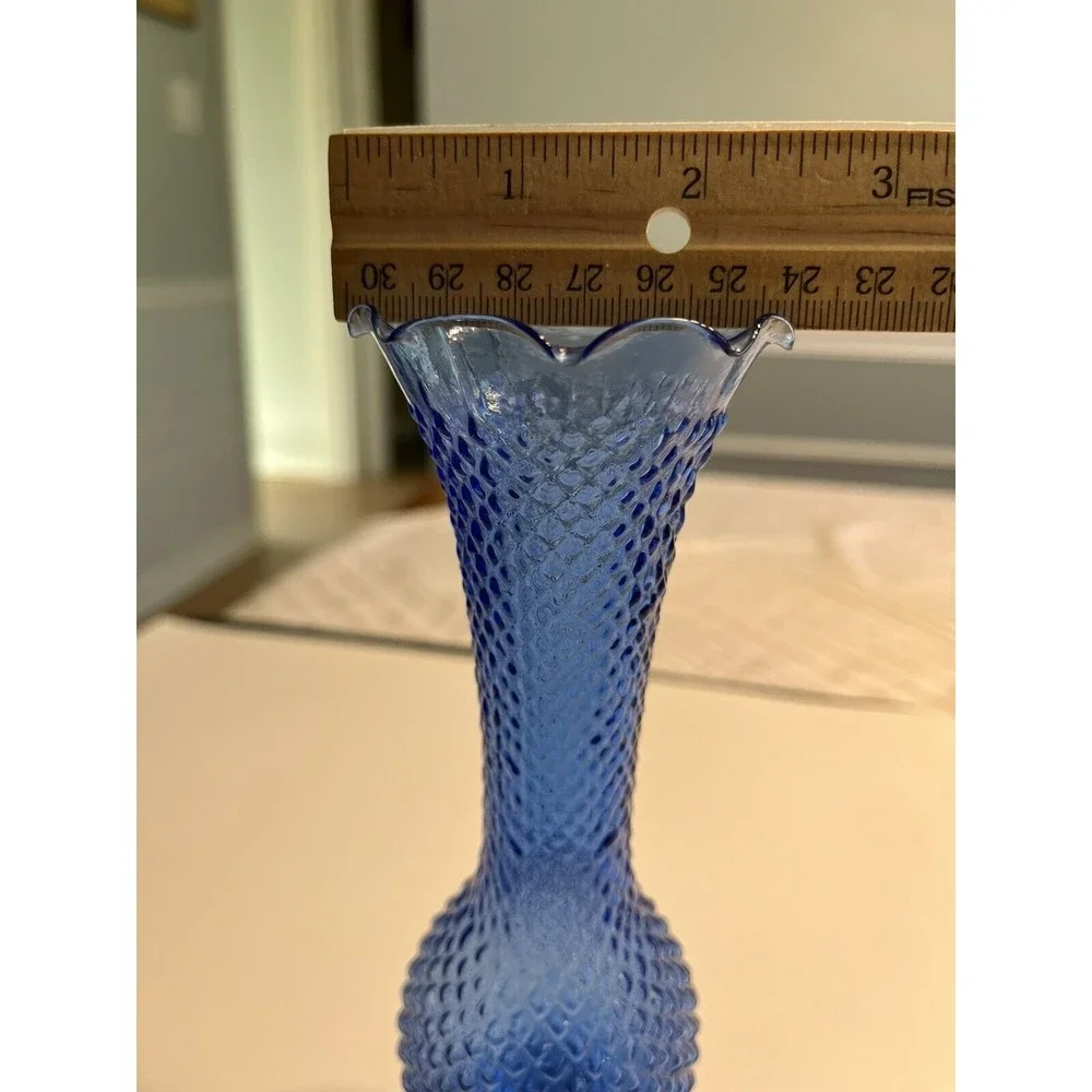 Blue Glass Diamond Cut, Ruffled Rim, Clear Footed Bud Vase Delicate
